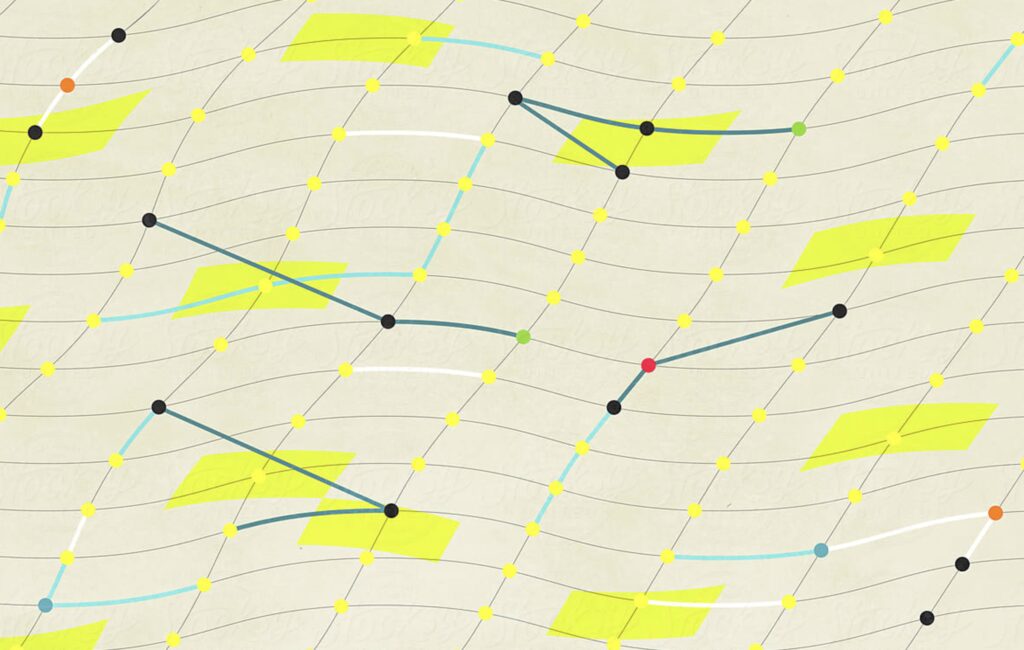 Illustration of a network of dots connected across a wavy grid
